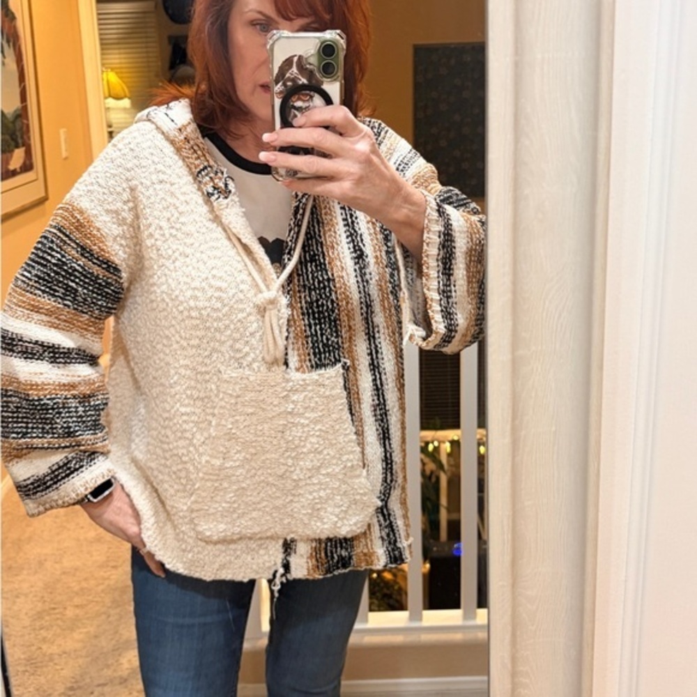 POL Cozy Striped Hooded Sweater Pullover Front Pocket - Medium Oversized